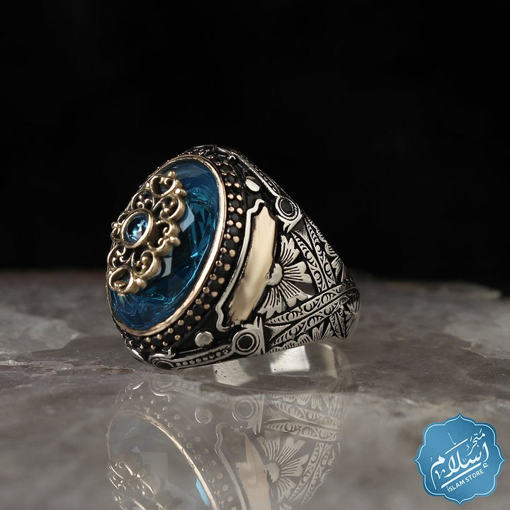 Mens silver ring with blue topaz stone