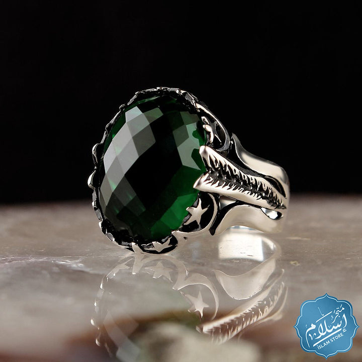 silver ring 925 sterling with green zircon stone ISLAM STORE