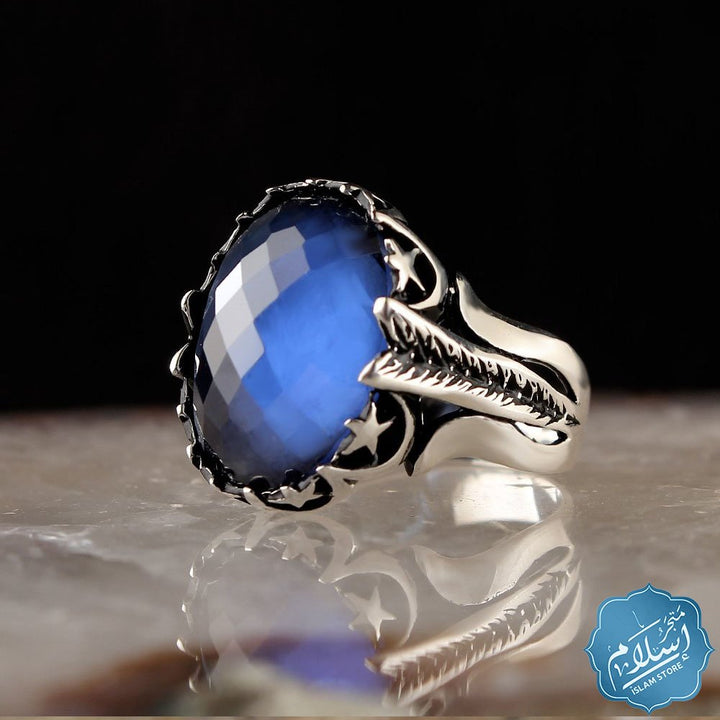 Silver moon & stars ring with blue zircon stone ISLAM STORE