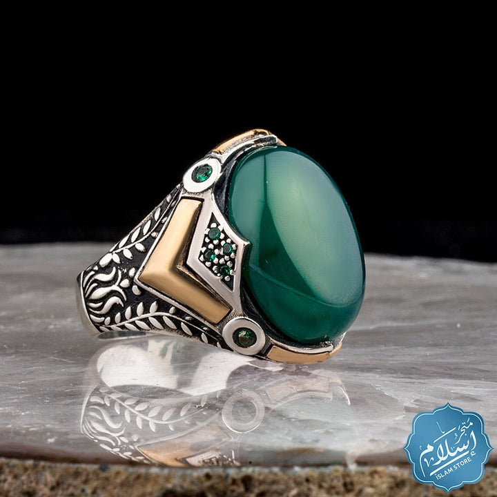 Silver Ring With Agate Gemstone green ISLAM STORE
