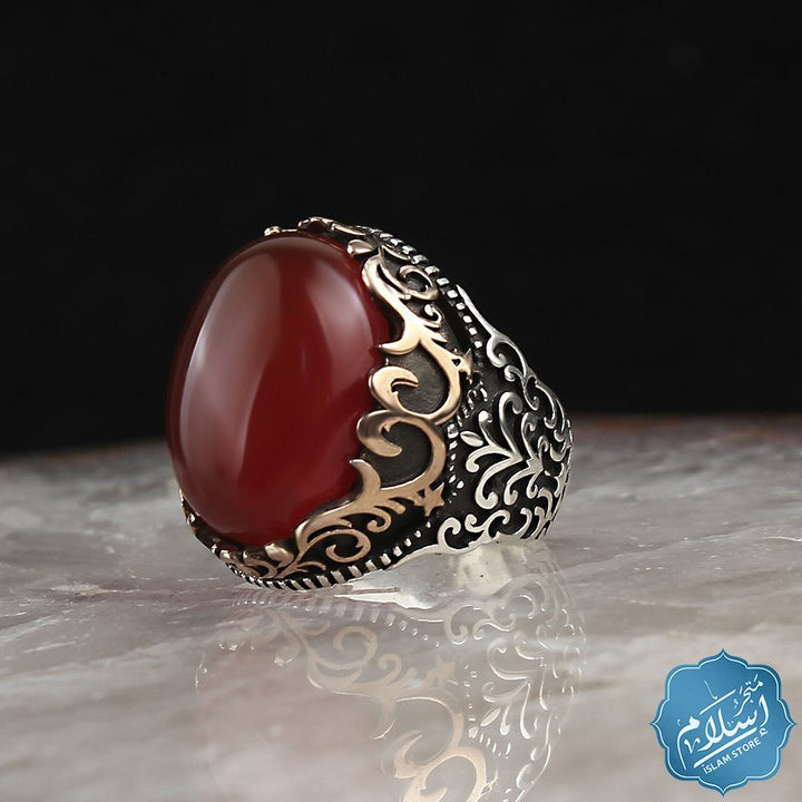 Men's Sterling Silver Ring With agate stone red color ISLAM STORE