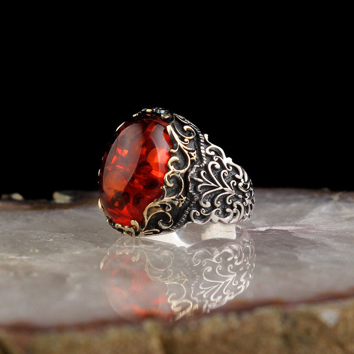 Silver ring with orange amber synthetic ISLAM STORE