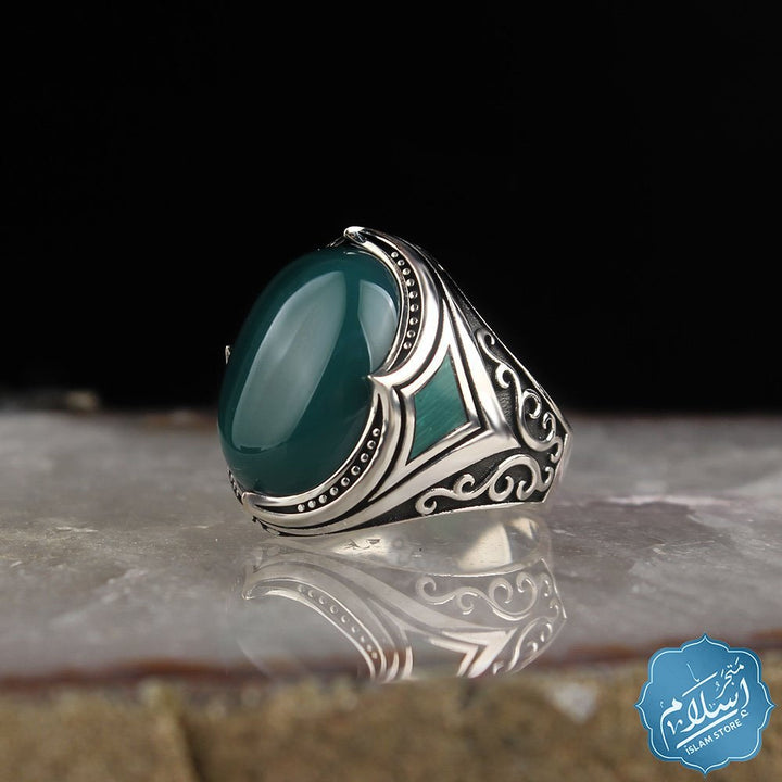 Silver ring with Agate stone green color ISLAM STORE