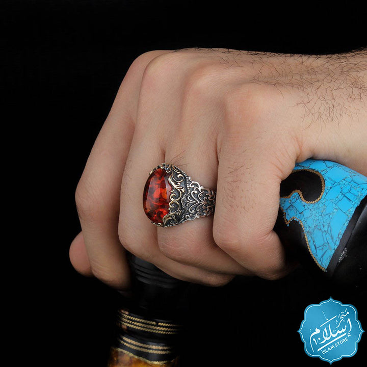 Silver ring with orange amber synthetic ISLAM STORE
