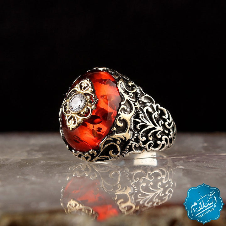 Silver Ring With Amber Stone Red Color