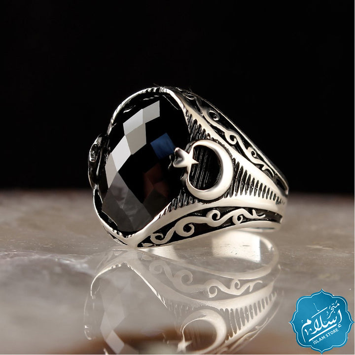 Silver men's ring with black zircon stone