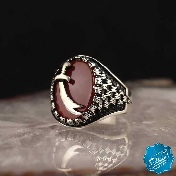 Silver Ring Sword Shape With agate Stone Red