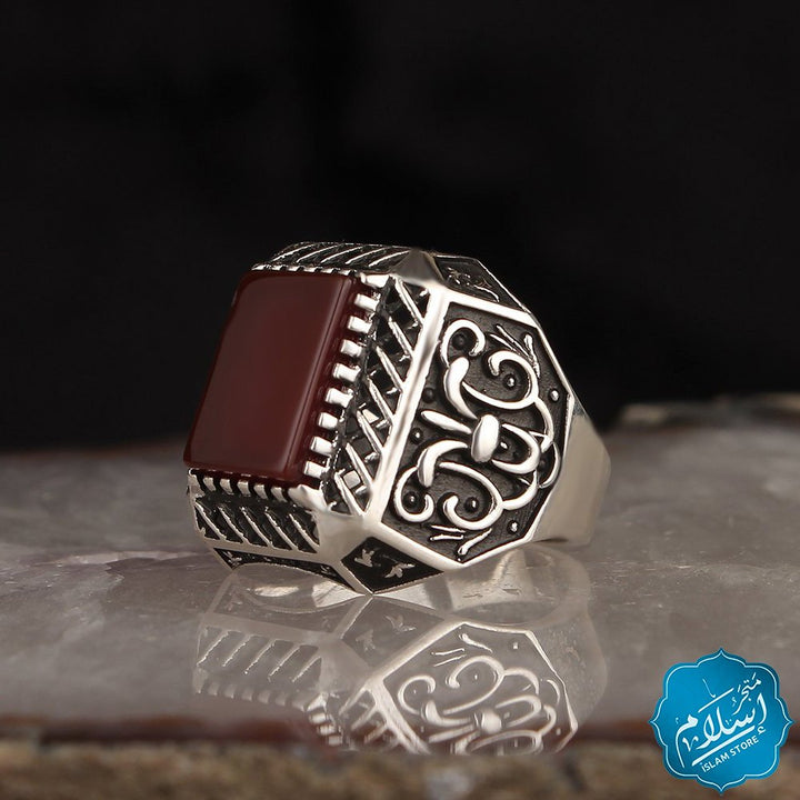 Silver ring with red dark agate stone