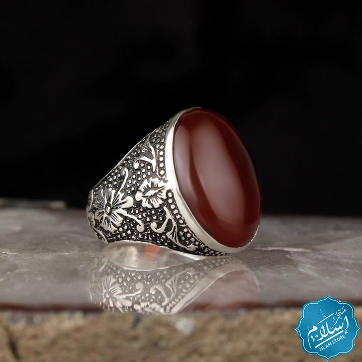 Silver ring with red dark agate stone