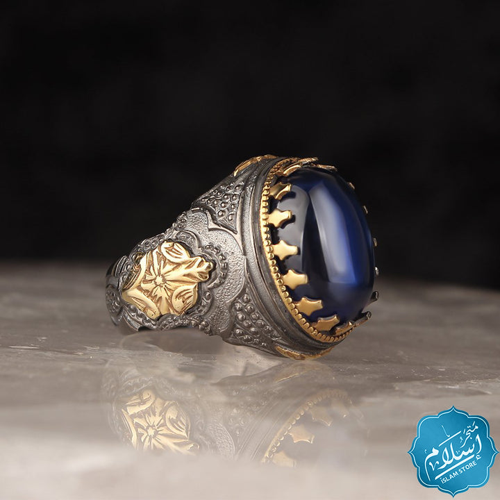 Men's silver ring with blue zircon stones