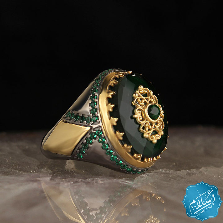 Men's silver ring with green zircon stones