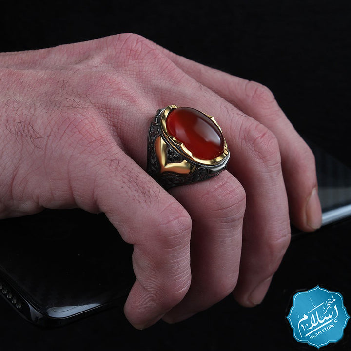 Men's silver ring with burgundy agate stone