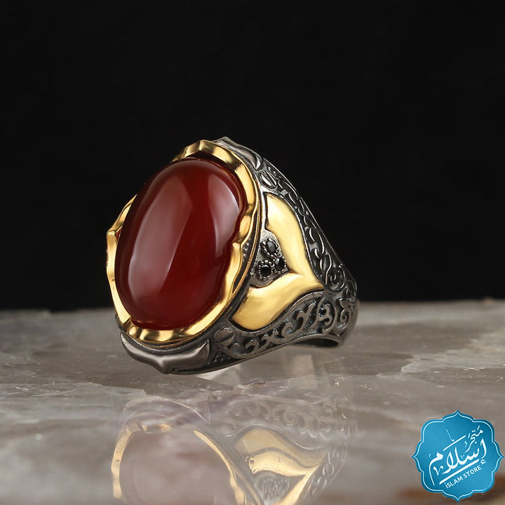Men's silver ring with burgundy agate stone