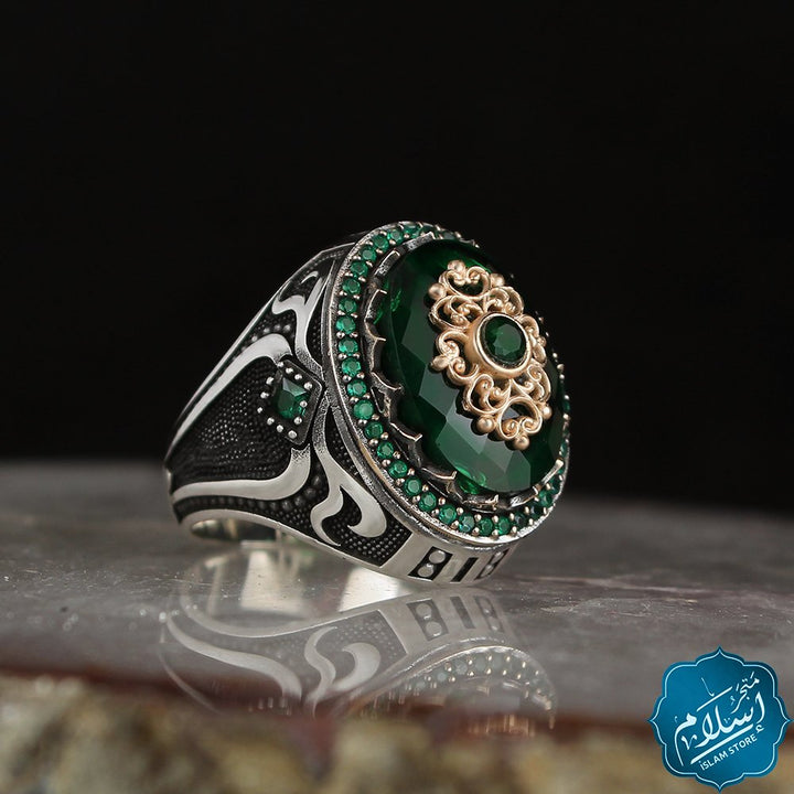 Silver ring for men with green zircon stone