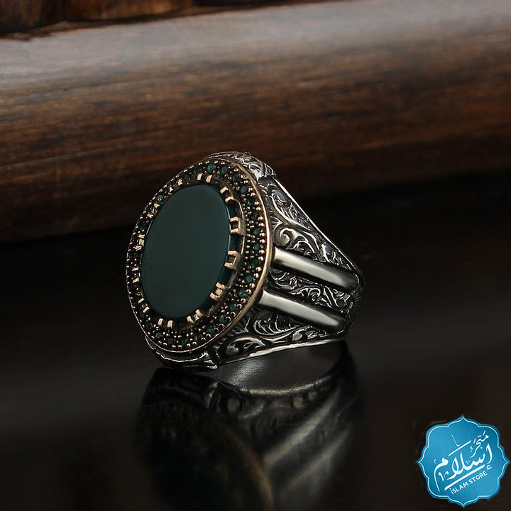 Men's silver ring with green َagate stone