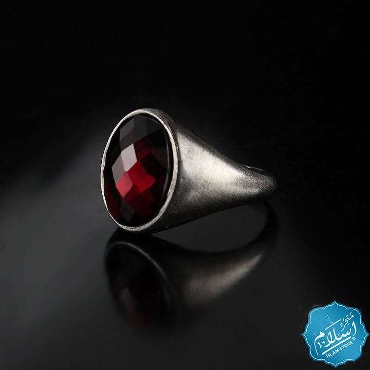 Men's silver ring with red zircon stones