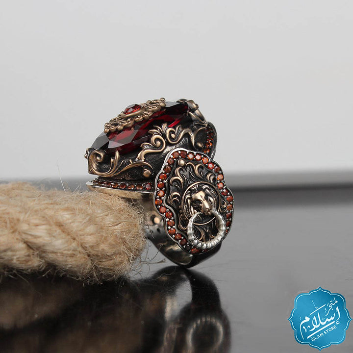 Men's silver ring with red zircon stone