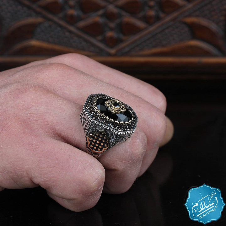 Men's silver ring with black zircon stone