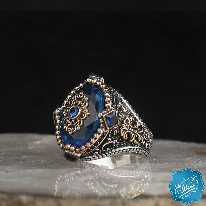 Men's silver ring decorated with aqua marin stone