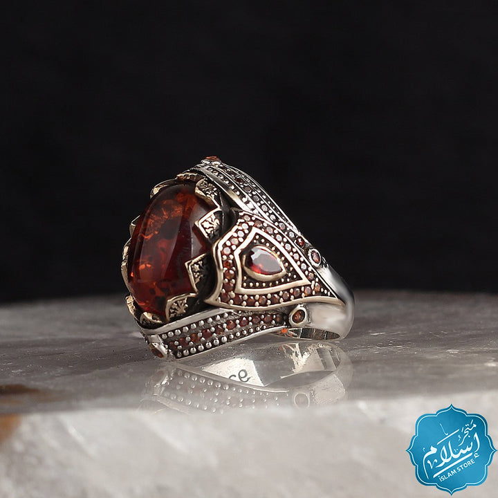 Men's silver ring with amber stone-EGYT-535