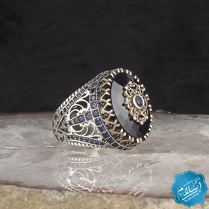 Men's silver ring with blue zircon stones-EGYT-571