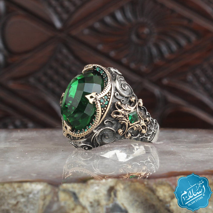 Men's silver ring with green zircon stones -EGYT-632