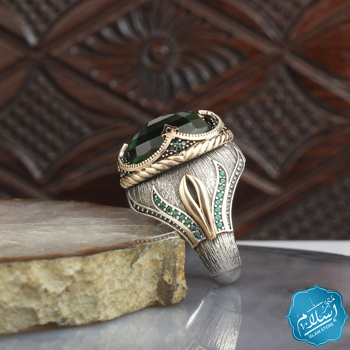 Men's silver ring with green zircon stones -EGYT-634