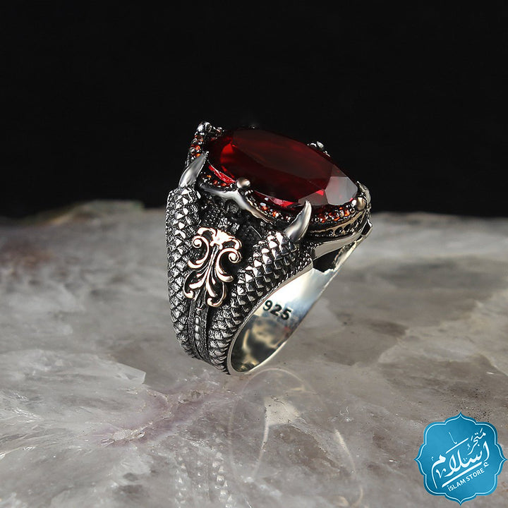 Men's silver ring with red zircon stones -EGYT-659