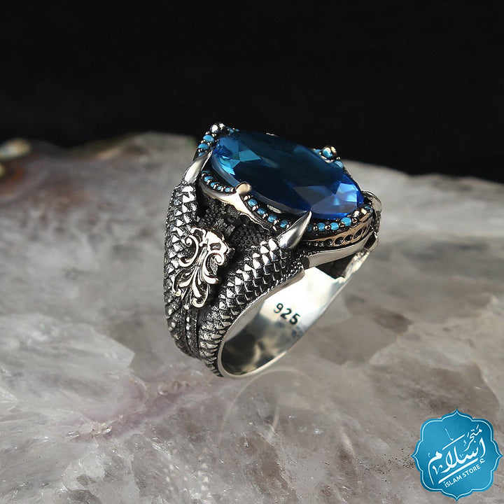 Men's silver ring with blue zircon stones -EGYT-661