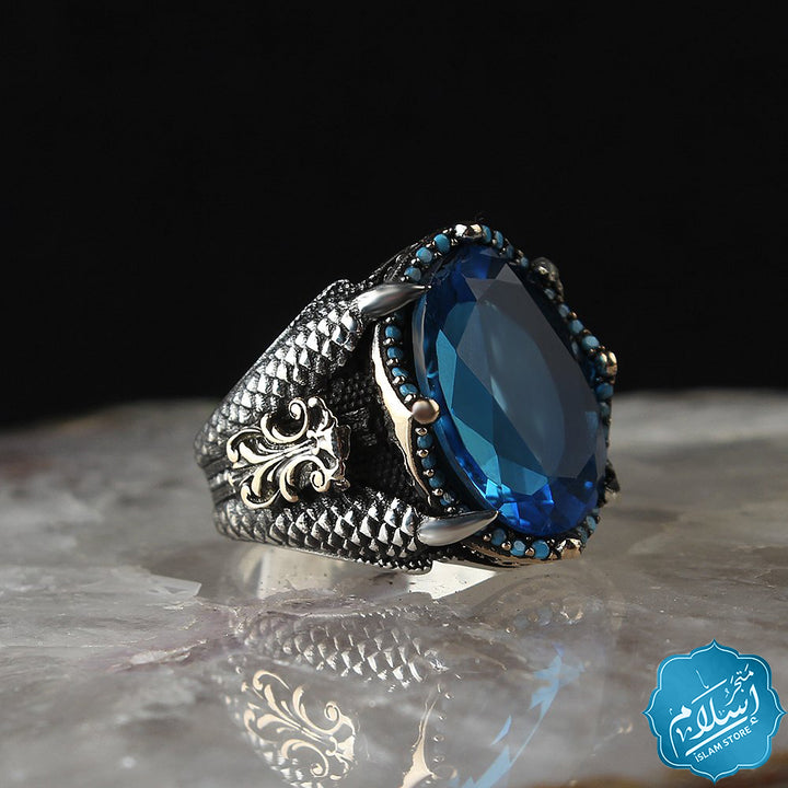 Men's silver ring with blue zircon stones -EGYT-661