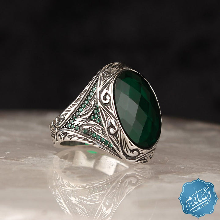 Silver ring for men with zircon stone green color