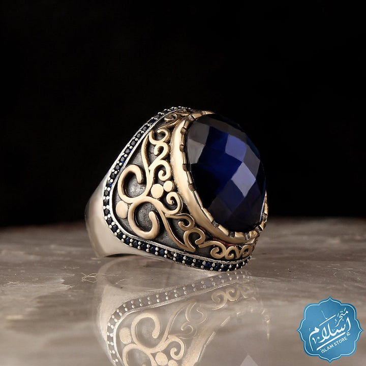 Silver ring for men with zircon stone blue color ISLAM STORE