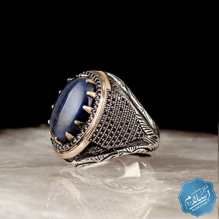 Silver ring with tiger eye stone blue color